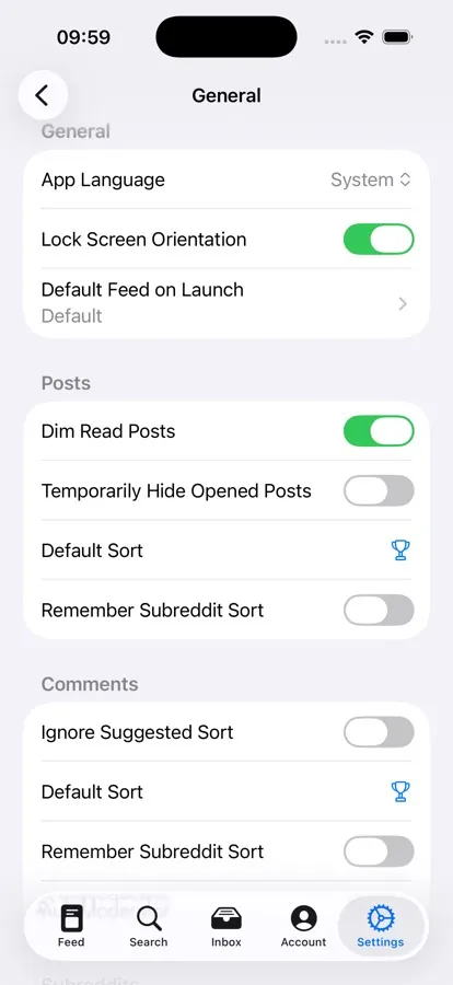 Pulsar Reddit client appearance and layout settings on iOS