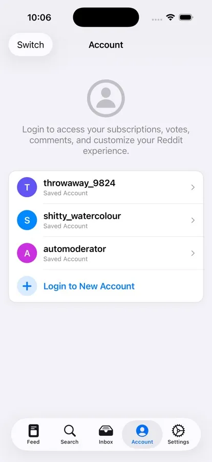 Pulsar multi-account Reddit switcher on iOS