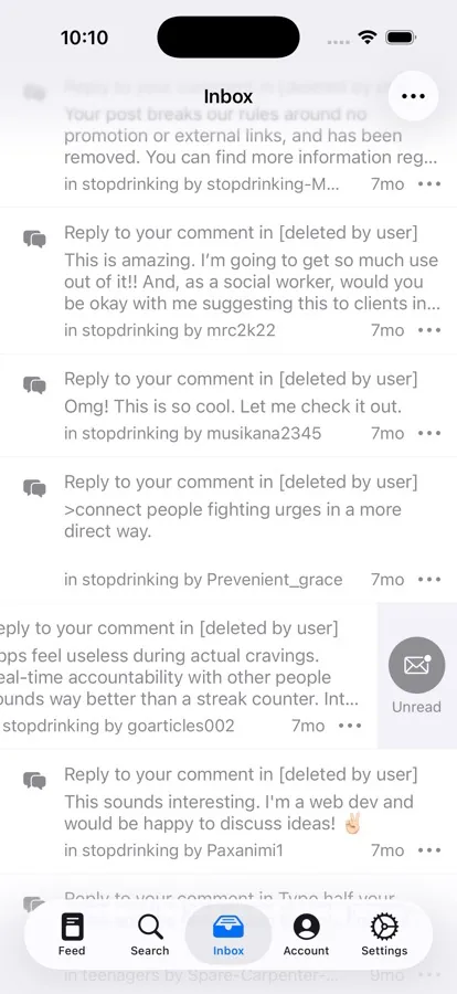 Pulsar Reddit client inbox swipe gestures